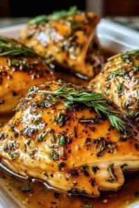 Easy baked honey Dijon chicken breasts in a white baking dish with a golden caramelized glaze and fresh parsley garnish