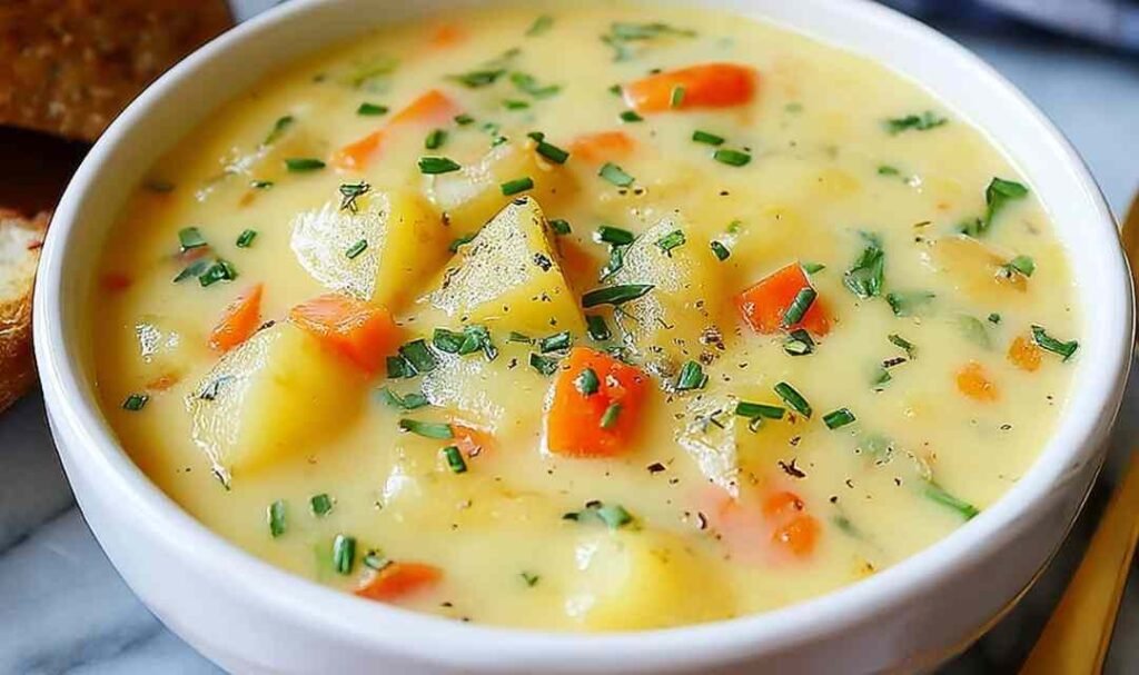 Bowl of easy creamy potato soup topped with fresh chives and cracked black pepper