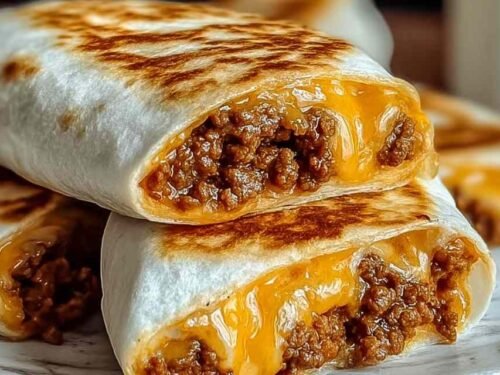 Easy grilled cheese burrito sliced in half on a white plate showing melted cheddar, seasoned beef, and fluffy rice inside a golden crispy tortilla