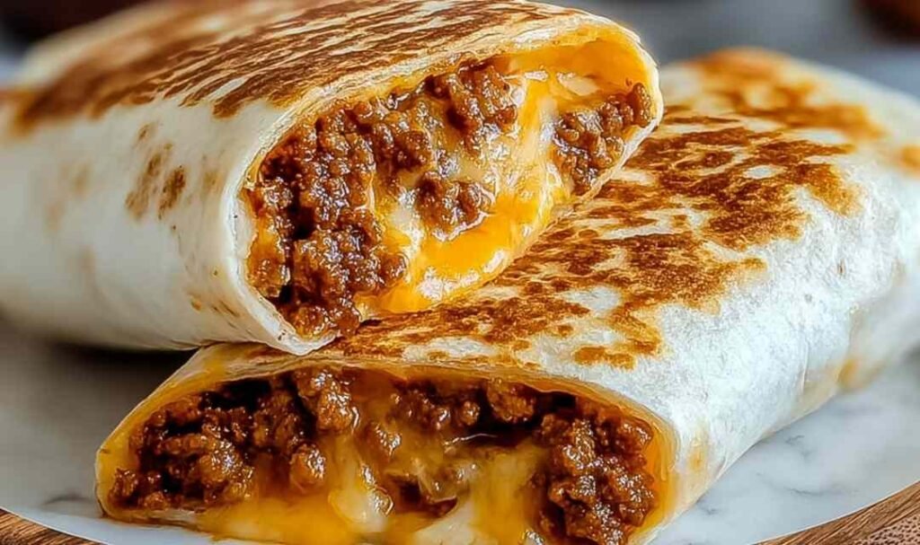 Easy grilled cheese burrito sliced in half on a white plate showing melted cheddar, seasoned beef, and fluffy rice inside a golden crispy tortilla