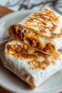 Easy grilled cheese burrito sliced in half on a white plate showing melted cheddar, seasoned beef, and fluffy rice inside a golden crispy tortilla
