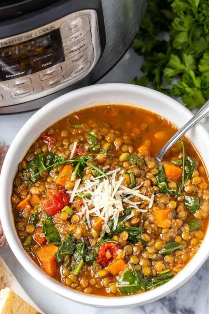 Close-up of a bowl of Instant Pot lentil soup with wilted spinach, smoky broth, and grated Parmesan on top