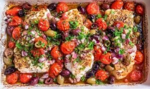 Mediterranean baked cod with kalamata olives, cherry tomatoes, and garlic in a white baking dish
