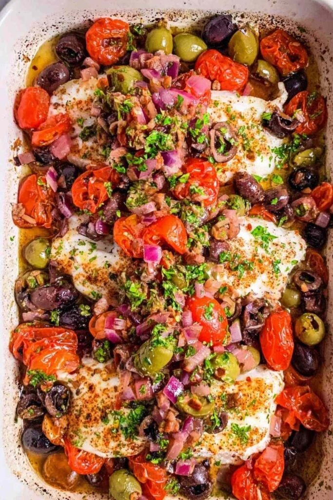 Mediterranean baked cod with kalamata olives, cherry tomatoes, and garlic in a white baking dish
