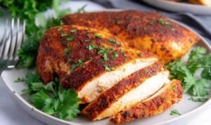 Juicy oven baked chicken breast sliced against the grain on a wooden cutting board, seasoned with paprika and herbs