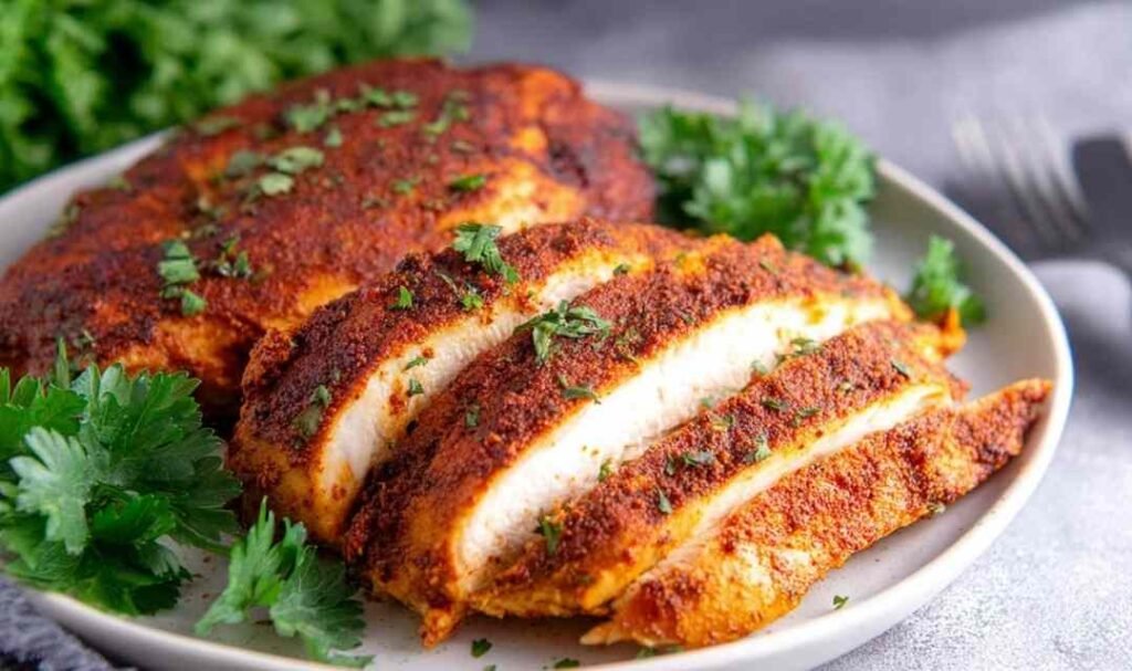 Rack of oven baked ribs sliced and coated in caramelized BBQ sauce on a cutting board