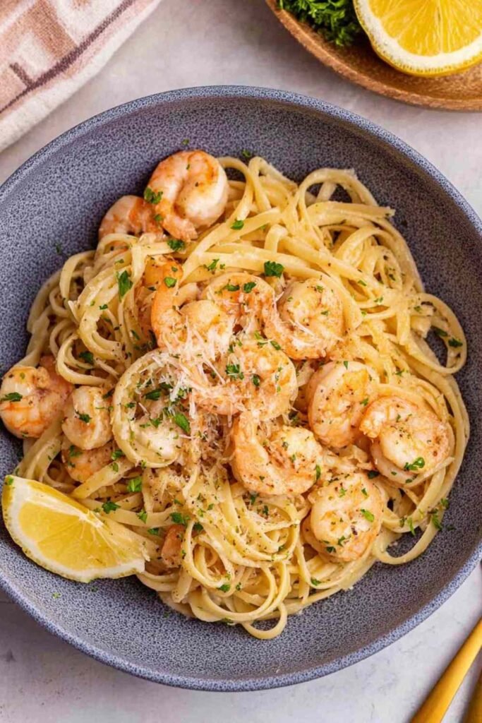 Easy shrimp pasta in a large skillet with garlic butter sauce, lemon zest, Parmesan, and fresh parsley
