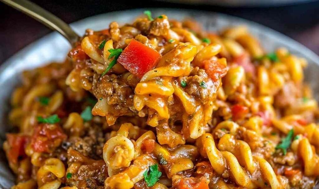 Bowl of slow cooker taco pasta with seasoned ground beef, shell pasta, cheddar cheese, sour cream, and fresh cilantro