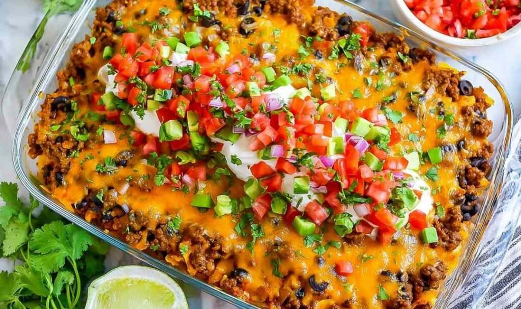 Easy taco casserole baked with melty cheese and served with sour cream, cilantro, and avocado