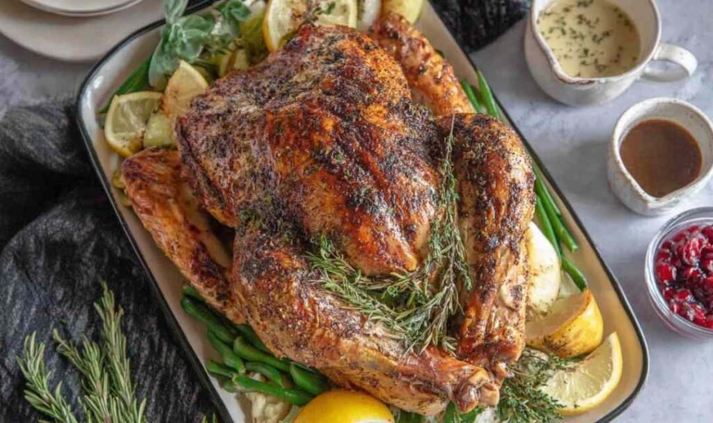 Whole turkey rubbed with homemade garlic herb butter in a roasting pan ready for the oven for this Thanksgiving turkey recipe
