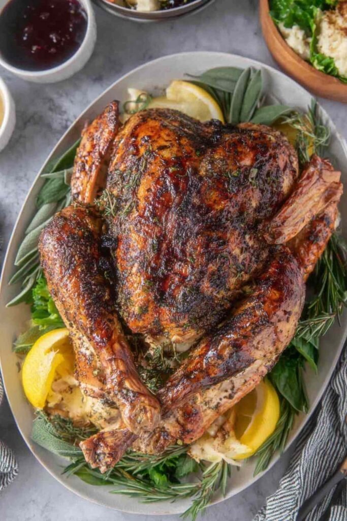 Whole turkey rubbed with homemade garlic herb butter in a roasting pan ready for the oven for this Thanksgiving turkey recipe