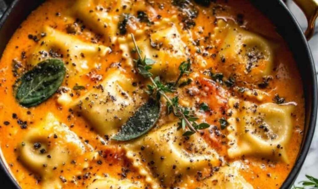 A bowl of Easy Tuscan Ravioli Soup topped with grated Parmesan cheese and served with crusty bread on the side