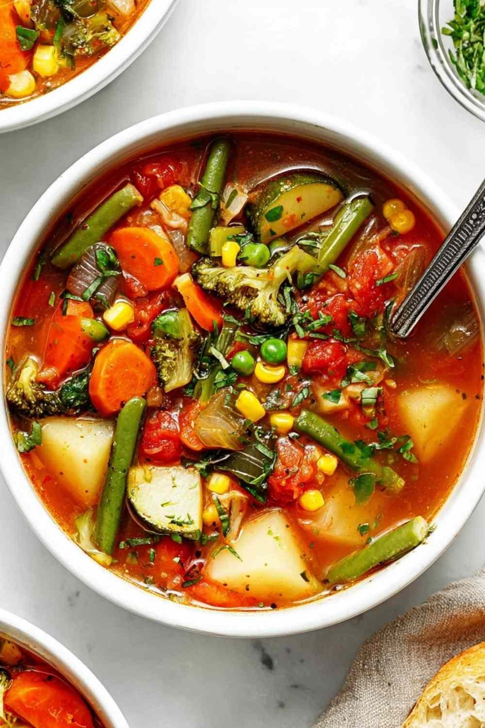 Bowl of easy vegetable soup with carrots, potatoes, green beans, and parsley on a rustic wooden table
