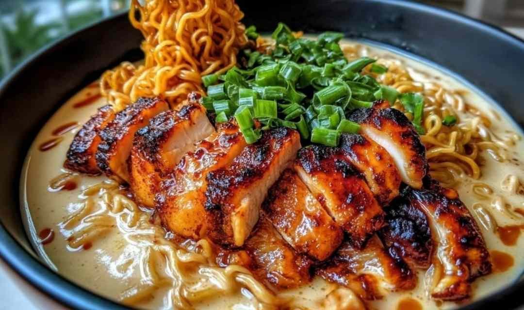 Fiery Chicken Ramen with Creamy Garlic Sauce