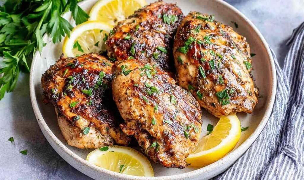 Raw chicken breasts soaking in homemade chicken marinade inside a zip-top bag