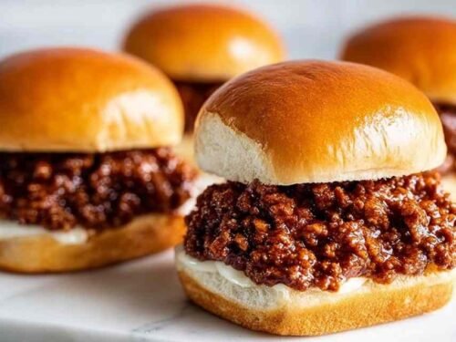 Close-up of a French Onion Beef Sloppy Joe on a toasted brioche bun topped with melted Provolone cheese and fresh thyme
