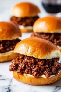 Close-up of a French Onion Beef Sloppy Joe on a toasted brioche bun topped with melted Provolone cheese and fresh thyme