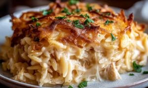 Golden bubbly French Onion Chicken Orzo Casserole fresh from the oven in a cast iron skillet