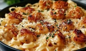 Garlic butter chicken bites with creamy Parmesan pasta served in a large skillet with fresh parsley