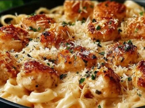 Garlic butter chicken bites with creamy Parmesan pasta served in a large skillet with fresh parsley