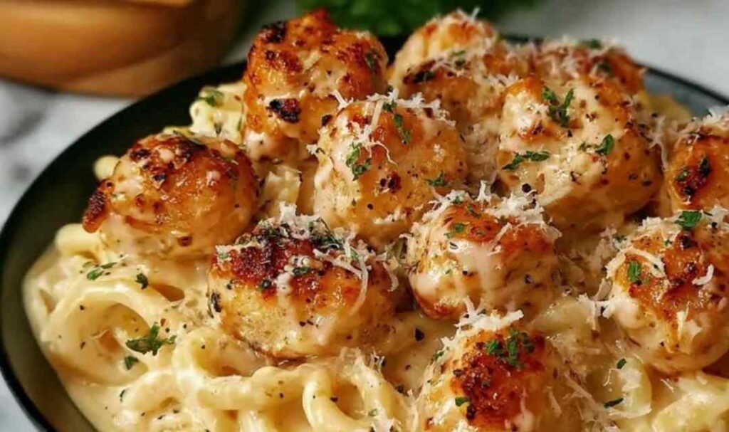 Garlic butter chicken bites with creamy Parmesan pasta served in a large skillet with fresh parsley
