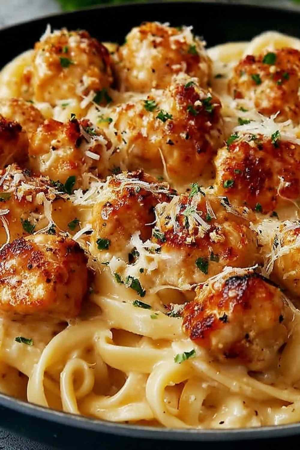 Garlic butter chicken bites with creamy Parmesan pasta served in a large skillet with fresh parsley