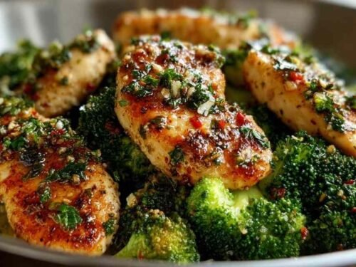 Garlic Butter Chicken and Broccoli sizzling in a skillet with golden chicken pieces and crisp broccoli florets coated in garlic butter sauce