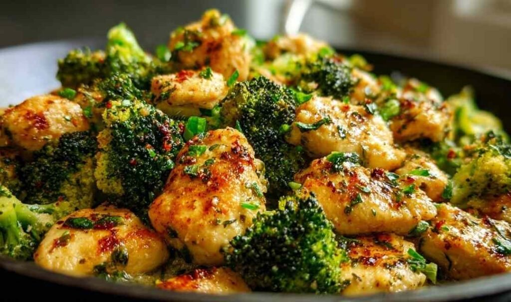 Garlic Butter Chicken and Broccoli sizzling in a skillet with golden chicken pieces and crisp broccoli florets coated in garlic butter sauce