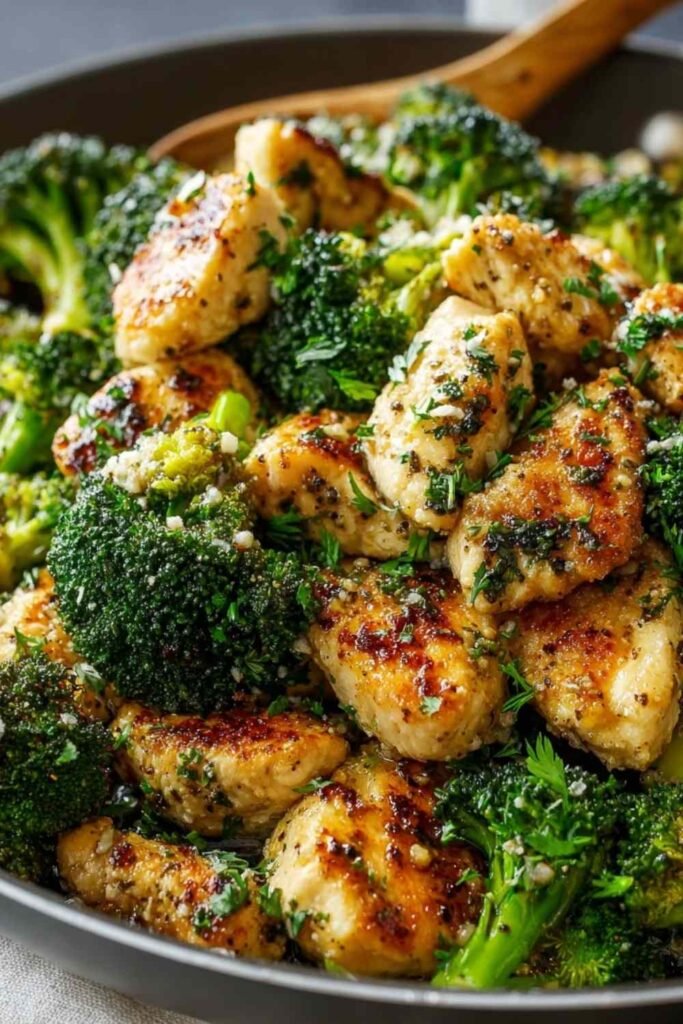 Garlic Butter Chicken and Broccoli sizzling in a skillet with golden chicken pieces and crisp broccoli florets coated in garlic butter sauce