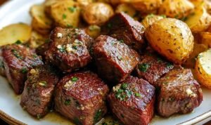 Garlic butter steak bites and crispy baby potatoes in a cast iron skillet garnished with fresh parsley