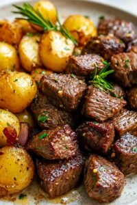 Garlic butter steak bites and crispy baby potatoes in a cast iron skillet garnished with fresh parsley