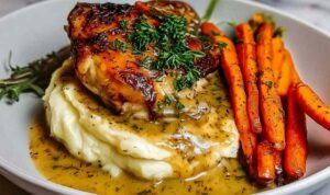 Garlic Herb Chicken and Carrot Plate fresh from the oven in a white baking dish with roasted baby carrots and fresh parsley garnish
