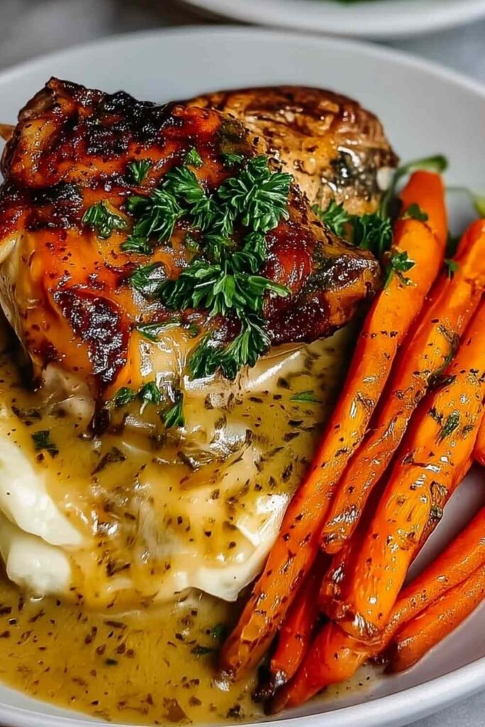 Garlic Herb Chicken and Carrot Plate fresh from the oven in a white baking dish with roasted baby carrots and fresh parsley garnish