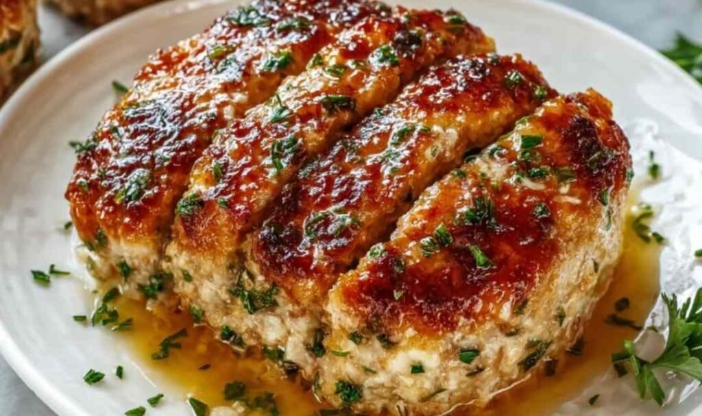 Sliced Garlic Parmesan Chicken Meatloaf on a white plate with golden Parmesan crust and fresh parsley garnish