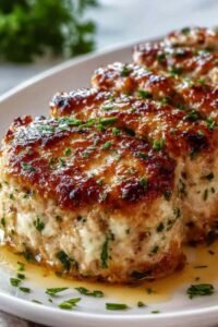 Sliced Garlic Parmesan Chicken Meatloaf on a white plate with golden Parmesan crust and fresh parsley garnish