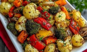 Garlic roasted vegetables including broccoli, cauliflower, carrots, and bell peppers on a sheet pan with golden caramelized edges and fresh parsley garnish