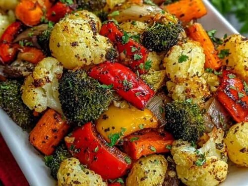 Garlic roasted vegetables including broccoli, cauliflower, carrots, and bell peppers on a sheet pan with golden caramelized edges and fresh parsley garnish