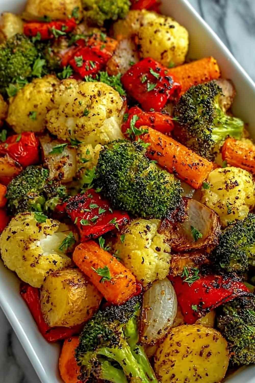 Garlic roasted vegetables including broccoli, cauliflower, carrots, and bell peppers on a sheet pan with golden caramelized edges and fresh parsley garnish