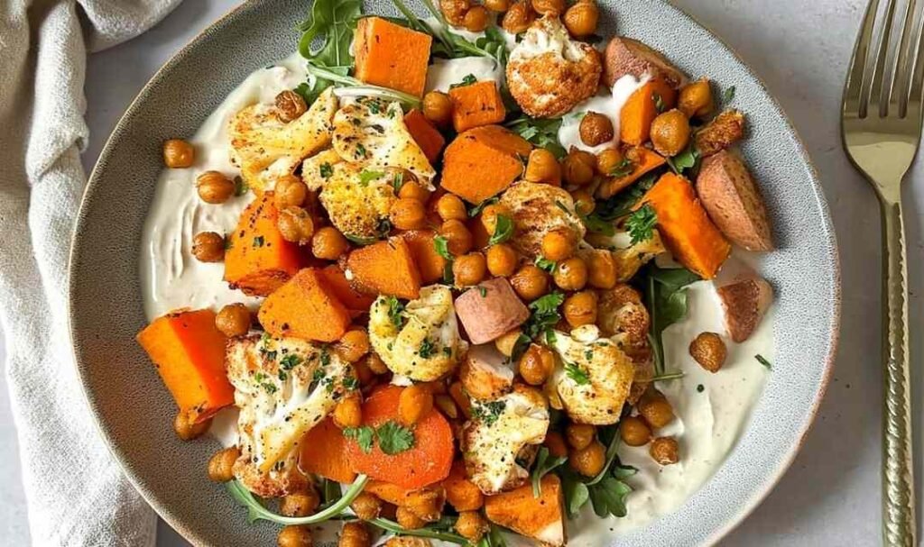 Colorful glow bowl recipe with roasted cauliflower, carrots, sweet potato, and crispy chickpeas topped with creamy tahini yogurt sauce