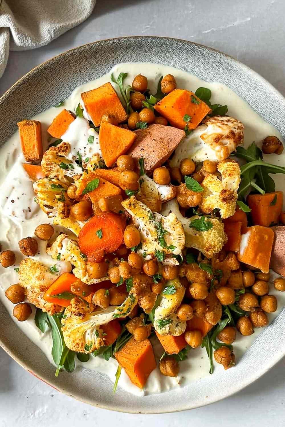Colorful glow bowl recipe with roasted cauliflower, carrots, sweet potato, and crispy chickpeas topped with creamy tahini yogurt sauce