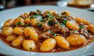 Gnocchi Goulash simmering in a Dutch oven with tender beef, bell peppers, carrots, and smoky paprika tomato sauce