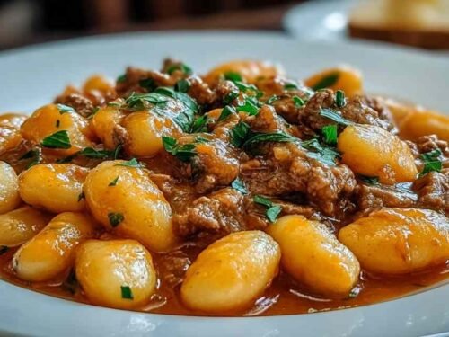 Gnocchi Goulash simmering in a Dutch oven with tender beef, bell peppers, carrots, and smoky paprika tomato sauce