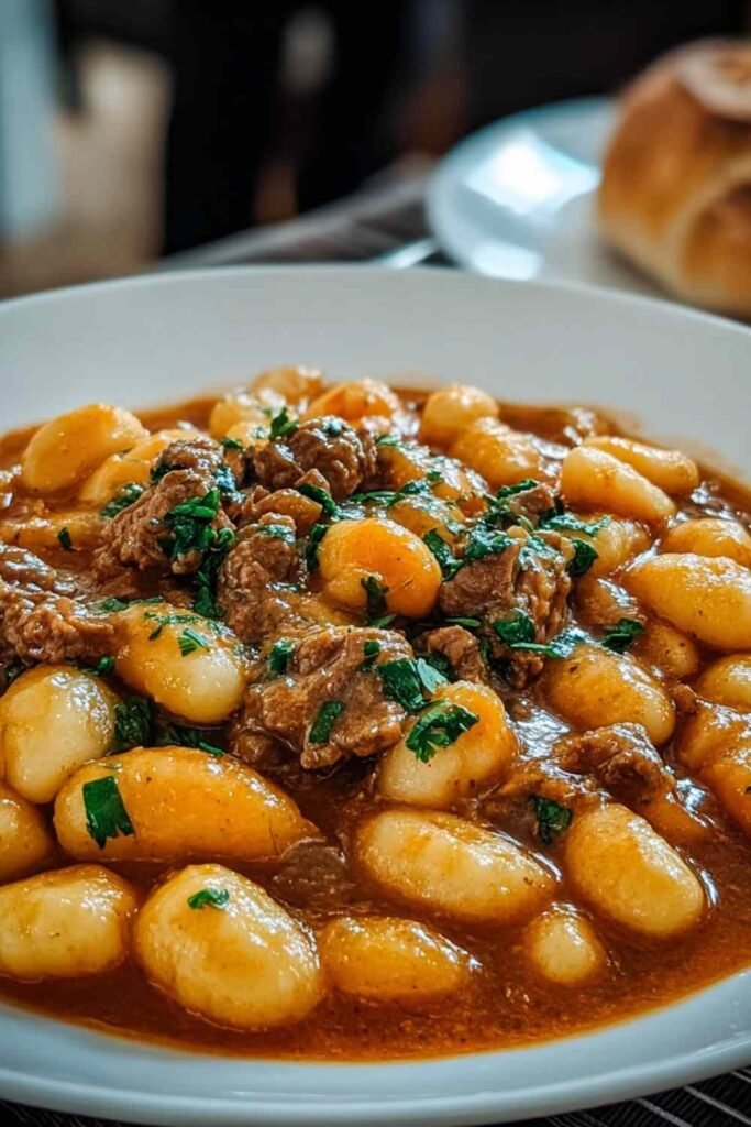 Gnocchi Goulash simmering in a Dutch oven with tender beef, bell peppers, carrots, and smoky paprika tomato sauce