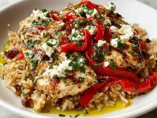 Greek Chicken Casserole with orzo, feta, and kalamata olives baked in a cast iron skillet