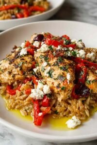 Greek Chicken Casserole with orzo, feta, and kalamata olives baked in a cast iron skillet