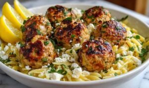 Greek Chicken Meatballs with Lemon Orzo in a cast iron skillet garnished with fresh parsley and lemon slices