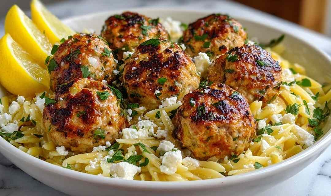 Greek Chicken Meatballs with Lemon Orzo