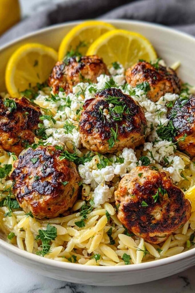 Greek Chicken Meatballs with Lemon Orzo in a cast iron skillet garnished with fresh parsley and lemon slices