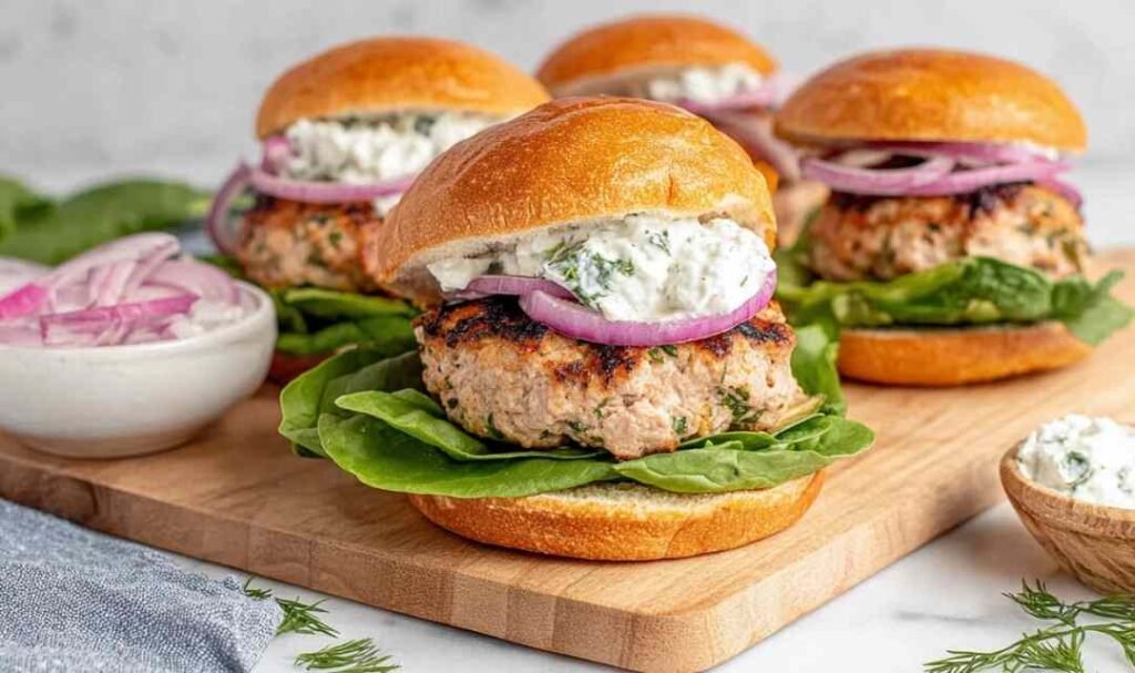 Juicy Greek turkey burgers topped with tzatziki, lettuce, and tomato on toasted buns