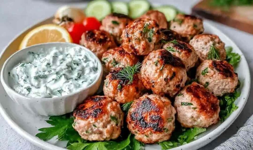 Plate of golden Greek turkey meatballs with creamy tzatziki sauce and fresh dill garnish on a white plate